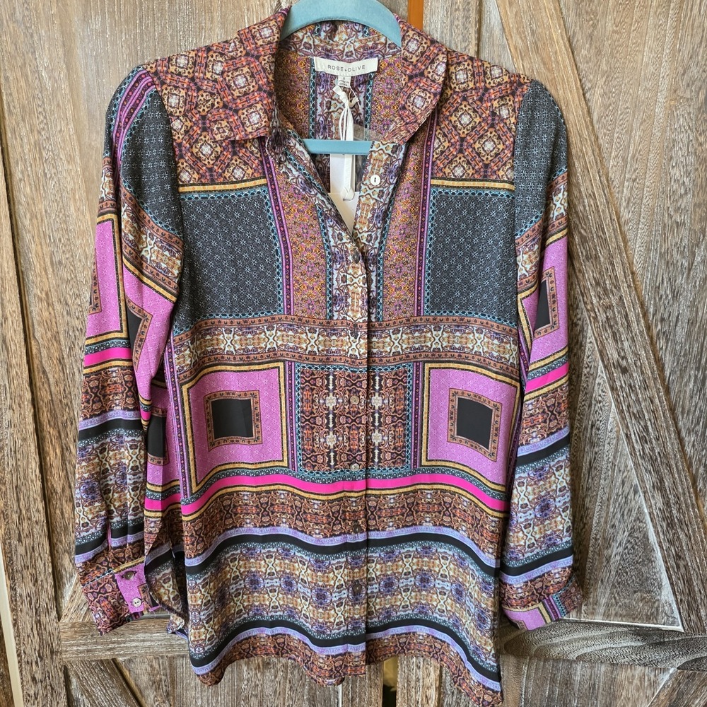 Rose + Olive Shirt Women's Size Small Multi Color Print Button Up Silky Top